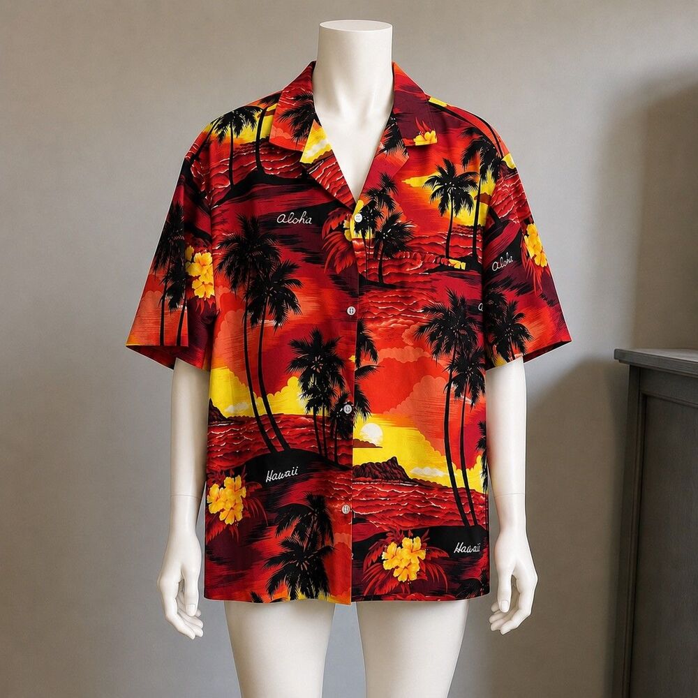 Vintage Royal Creations Men L Made In Hawaii Camp Shirt Aloha Palm Tree Graphic